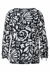Blusa a maniche lunghe con motivo floreale blu navy e bianco, caratterizzata da un colletto quadrato e polsini arricciati per una maggiore texture. Tessuto leggero.