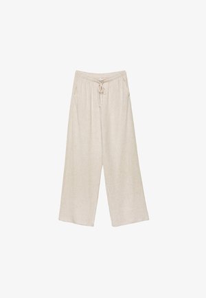 Beige Leinen-Hosen mit weitem Bein, mit einem Kordelzugbund, zwei Seitentaschen und einem leicht strukturierten Stoff für Atmungsaktivität und Komfort.