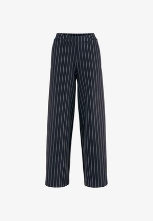 Laahustavat tummansiniset housut, joissa on ohuita vaaleita pystysuoria raitoja, elastinen vyötärönauha ja sileä pinta.