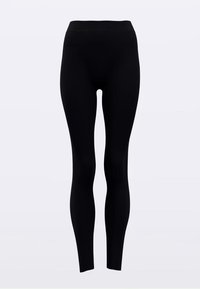 Leggings noirs en matière extensible, avec une taille haute et une coupe ajustée et élégante qui se rétrécit jusqu'à la cheville.