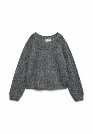 Szary sweter dzianinowy o luźnym kroju, z długimi rękawami, okrągłym dekoltem i prążkowaną fakturą. Metka z napisem "AWARE". Skrócona długość.