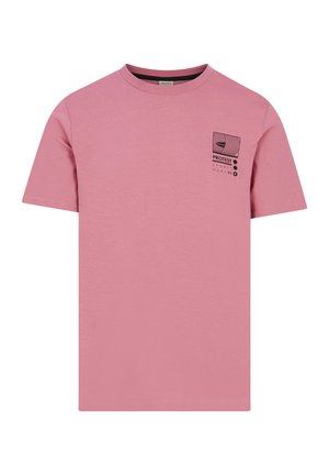 Pink cotton t-shirt with short sleeves, featuring a small black logo graphic on the left chest and a crew neckline. Smooth texture.