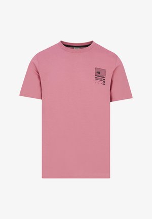 Roze katoenen T-shirt met korte mouwen, voorzien van een kleine zwarte logoafbeelding op de linkerborst en een ronde hals. Soepele textuur.