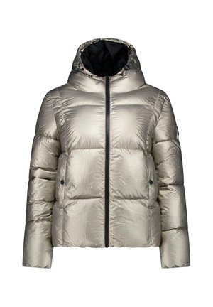 Lichtzilver gewatteerde winterjas met capuchon, rits aan de voorkant en drukknopzakken aan beide zijden.