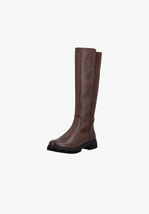Brown knee-high boot with a smooth leather front and ribbed fabric panel at the back, featuring a textured sole for grip and stability.