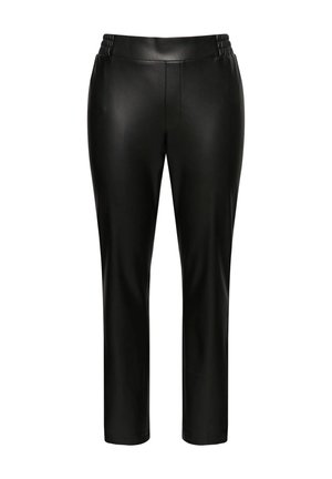 Pantalons en simili cuir noir à coupe slim, dotés d'une taille élastique et d'une texture lisse, conçus pour une silhouette épurée.