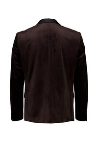 Donkerbruine fluwelen blazer voor heren met zwarte kraag, weergegeven vanaf de achterkant op een witte achtergrond.