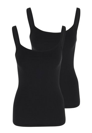 Due canotte nere senza maniche, aderenti, con spalline larghe, sovrapposte e esposte su uno sfondo bianco.