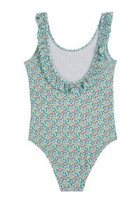 Maillot de bain une pièce bleu clair, avec un motif floral agrémenté de touches rouges, jaunes et vertes. Encolure volantée et bretelles.