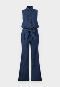 Denim jumpsuit met mouwloos ontwerp, knoopsluiting aan de voorkant, kraag, ceintuur in de taille en wijde broekspijpen. Donkerblauwe kleur en gladde textuur.