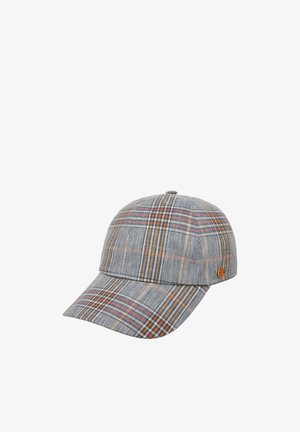 Gray plaid baseball cap with orange, white, and blue stripes, structured front panels, and a curved brim, shown on a white background.