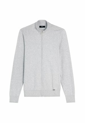 Jasnoszary, długi sweter na zamek z długim rękawem, z prążkowanym kołnierzem, mankietami i dołem, prezentowany na białym tle.