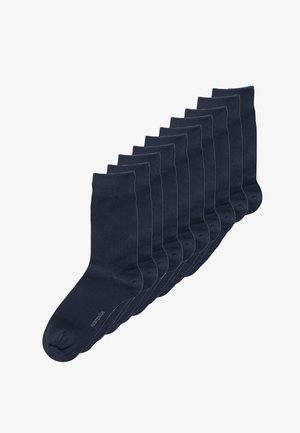 Marineblå bomuldsstrømper, der har et sømløst design, ribbet kant og forstærket tå. Pakke med ti par, glat tekstur.