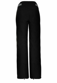 Pantalon de neige isolé noir avec des poignets zippés et des bandes réfléchissantes rayées sur la ceinture arrière, vu de dos.
