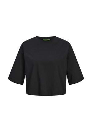 Black cotton cropped t-shirt with a round neck, short sleeves, and a green label detail at the neckline. Smooth, soft texture.