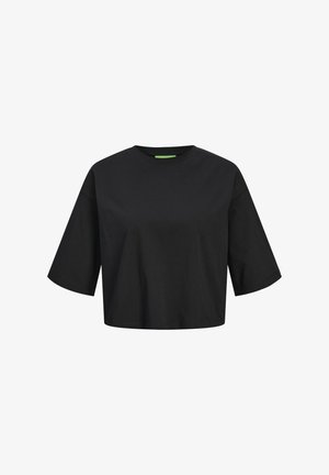 T-shirt en coton noir cropped avec un col rond, des manches courtes et un détail d'étiquette verte au niveau du col. Texture lisse et douce.