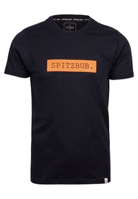 Zwarte katoenen t-shirt met een oranje rechthoekig "SPITZBUB." logo in het midden, korte mouwen en een label op de onderste zoom.