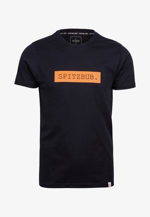 Zwarte katoenen t-shirt met een oranje rechthoekig "SPITZBUB." logo in het midden, korte mouwen en een label op de onderste zoom.