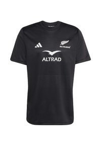 Sort kortærmet trøje lavet af fugttransporterende stof. Har hvide logoer for All Blacks, Altrad og Adidas. Tekstureret design.