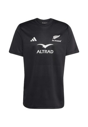 Maillot noir à manches courtes en tissu évacuant l'humidité. Présente des logos blancs pour les All Blacks, Altrad et Adidas. Design texturé.