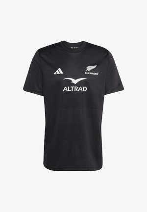 Czarna koszulka z krótkim rękawem wykonana z tkaniny odprowadzającej wilgoć. Posiada białe logo All Blacks, Altrad i Adidas. Teksturowany wzór.