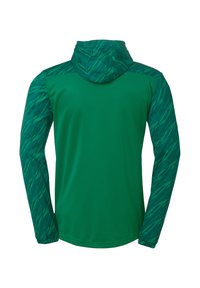 Grøn langærmet hættetrøje med en ensfarvet krop og mønstrede detaljer på ærmerne, lavet af letvægts, åndbart stof.