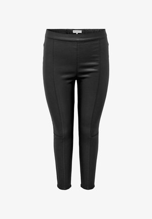 Zwarte neplederen legging met een gladde textuur, nauwsluitend ontwerp en naaddetails aan de voorkant. Ze hebben een elastische tailleband.