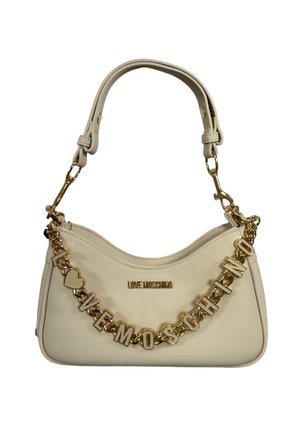 Borsa beige Love Moschino con manico corto e catena dorata con lettere e ciondolo a forma di cuore sul davanti.