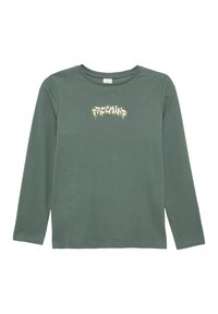 Langarm-T-Shirt in olivgrün aus Baumwolle. Mit einem Frontdruck "FREEMIND" in Weiß und Gelb, runder Halsausschnitt und geradem Saum.