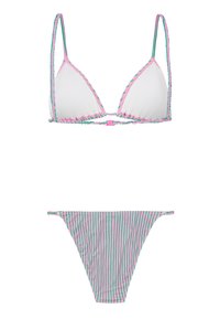 Driehoekige bikini top en bijpassend broekje. Witte stof met roze en groene gestreepte randen. Het broekje heeft horizontale strepen in dezelfde kleuren.