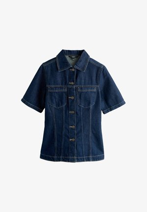 Denim short-sleeve jacket in dark blue, featuring two front pockets, button closure, and contrasting stitching details.
