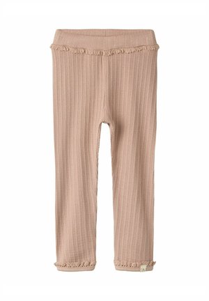 Beige ribbed knit baby leggings with ruffled elastic waistband and ruffled cuffs, small fabric tag near the bottom hem.