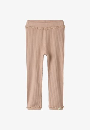 Beige geribbelde gebreide babylegging met geplooide elastische tailleband en geplooide boorden, klein stoffen label vlak bij de onderzoom.
