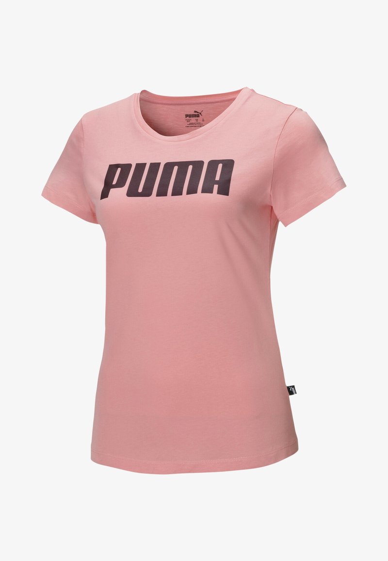 T-shirt en coton rose à manches courtes avec col rond et logo noir audacieux "PUMA" sur la poitrine.