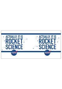 Cartello bianco con testo blu che recita "In realtà, è scienza dei razzi." Include il logo della NASA con accenti rossi e grafiche a stella.