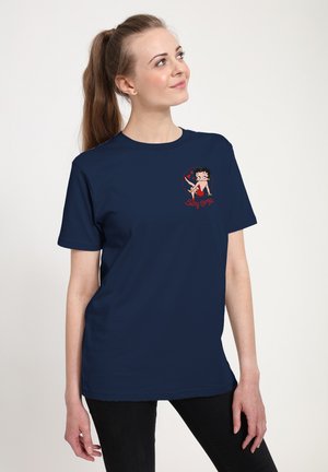 Navy blue short-sleeve t-shirt featuring a graphic of a cartoon character with a playful pose and heart accents on the chest area.