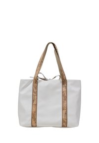 Borsa tote bianca con manici beige a motivo mappa, caratterizzata da un design spazioso, una texture liscia e una chiusura con cordino nella parte superiore.