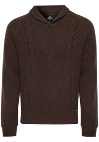 Brun strikket sweater med sjalskrave, der har teksturerede mønstre og kabelstrikdetaljer. Ribbet manchetter og kant. Blødt stof.