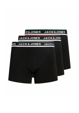 Три чифта черни мъжки боксерки с брандирани ластици Jack & Jones в бяло, червено и зелено.