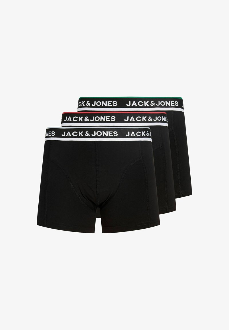 Три чифта черни мъжки боксерки с брандирани ластици Jack & Jones в бяло, червено и зелено.