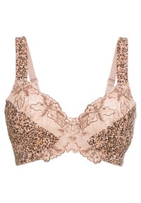 Reggiseno a stampa leopardata in morbido beige con dettagli in pizzo. Spalline regolabili e un piccolo nastro decorativo al centro. Presenta una texture liscia e una copertura completa.
