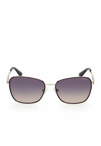 Occhiali da sole quadrati con lenti sfumate da un viola scuro a trasparente, montatura in metallo argentato e estremità delle stanghette in plastica nera. Logo del marchio sul lato.