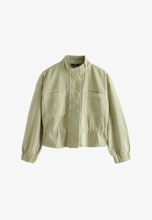 Helebeežist cropped jope kõrge kraega, kahe ees oleva taskuga, elastsete varrukaservadega ja peidetud esikinnitusdetailidega.