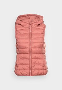 Vadderad väst i mjuk rosa med huva, vadderad design, frontdragkedja och två sidofickor. Lättviktsmaterial med slät yta.