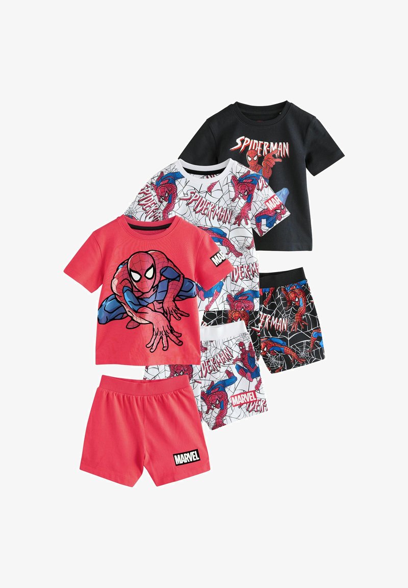 Drei Spiderman-Kinder-T-Shirts mit kurzen Ärmeln und passenden Shorts in Rot, Schwarz und Weiß mit Marvel-Logo.
