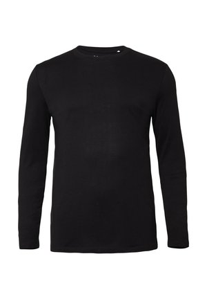 Czarna koszulka z długim rękawem i zaokrąglonym dekoltem, o dopasowanym kroju, bez widocznych logo ani wzorów, na białym tle.