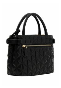 Borsa nera trapuntata con motivo a diamante, doppi manici tondi e tasca con cerniera dorata sul davanti.