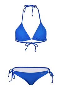 Blue bikini set featuring a triangle top with adjustable ties and matching bottom with side ties, made from smooth stretch fabric.