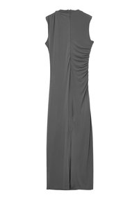 Graues ärmelloses Kleid mit rüschendem Design seitlich und einem Schlitz; aus glattem Stoff gefertigt, mit einem Reißverschlussverschluss hinten.