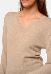 Beige V-Ausschnitt Pullover aus weichem Strickmaterial, mit langen Ärmeln und einem entspannten Schnitt sowie subtiler Textur.